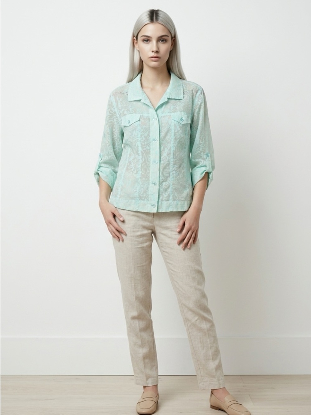 Attitude Light Blue Sheer Lace Blouse Button Front Collared Top | Size XL
